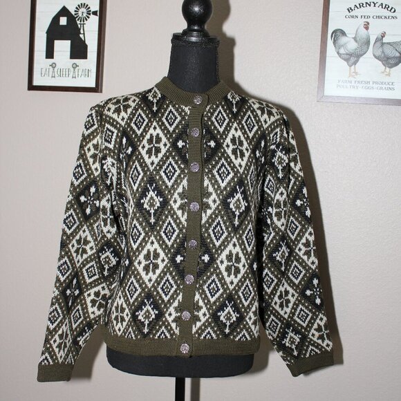 Jersild Womens Vintage Wool Sweater Green Black Grandma Cardigan Size Large - Picture 1 of 8